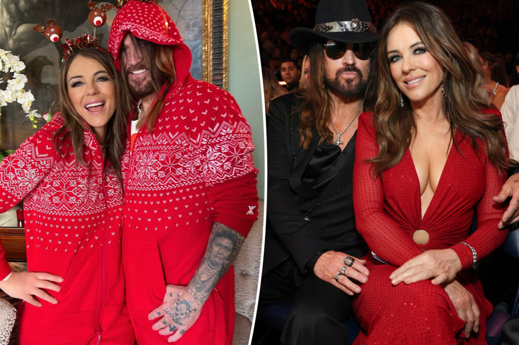 Billy Ray Cyrus and Elizabeth Hurley mark their first Christmas as a couple in matching onesie pajamas