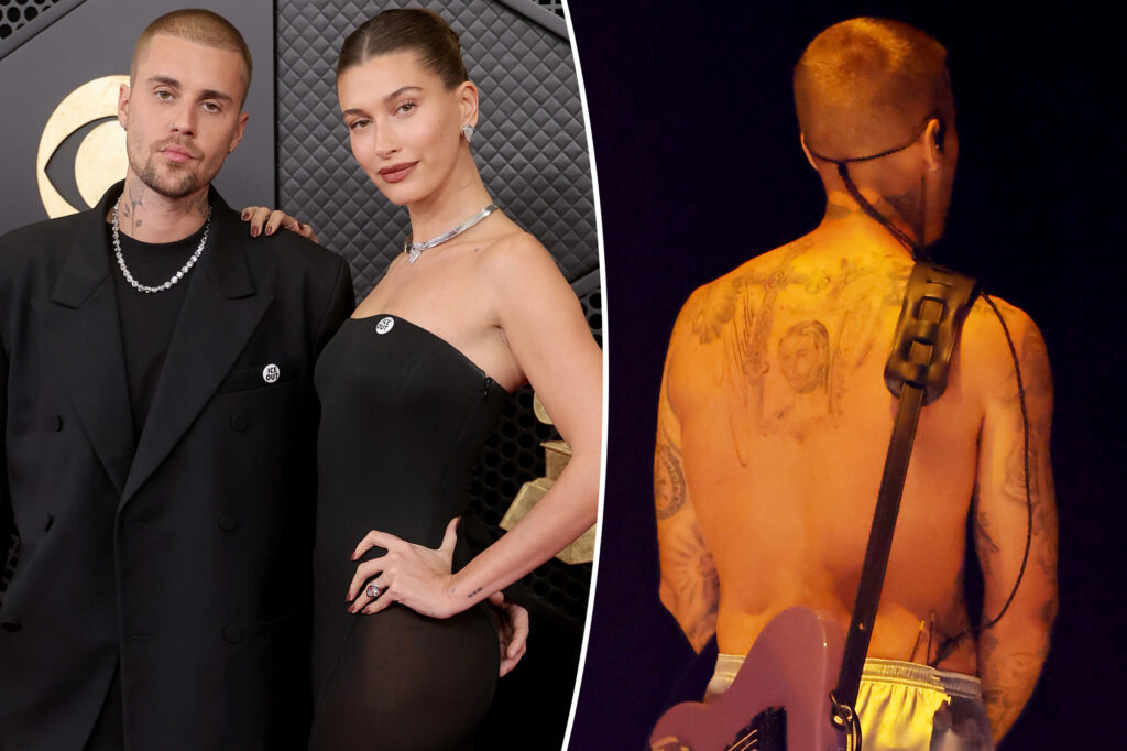 Justin Bieber debuts back tattoo — seemingly of wife Hailey — at 2026 Grammys