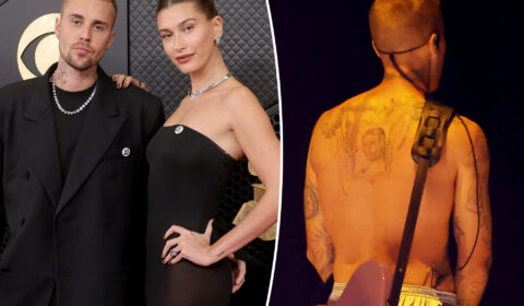 Justin Bieber debuts back tattoo — seemingly of wife Hailey — at 2026 Grammys