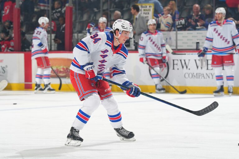Gabe Perreault reacts to move down to Rangers’ second power-play unit