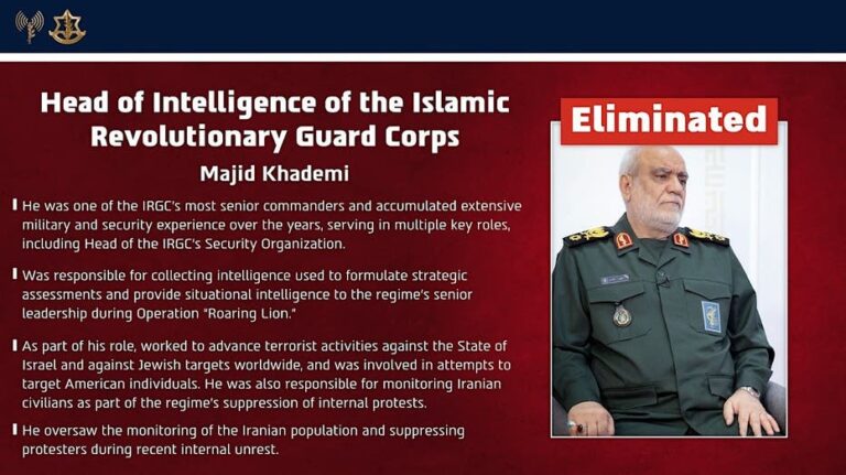 IDF confirms IRGC intel chief killed; Quds Force commander also eliminated in strike