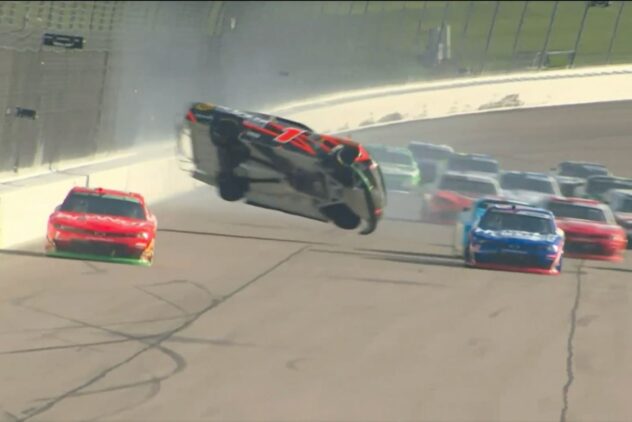 NASCAR red flags race as Carson Kvapil flips wildly in violent Kansas crash