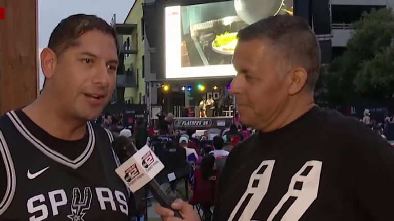 WATCH: KSAT’s Ernie Zuniga joins Spurs fans at The Rock at La Cantera ahead of Game 2 against Timberwolves