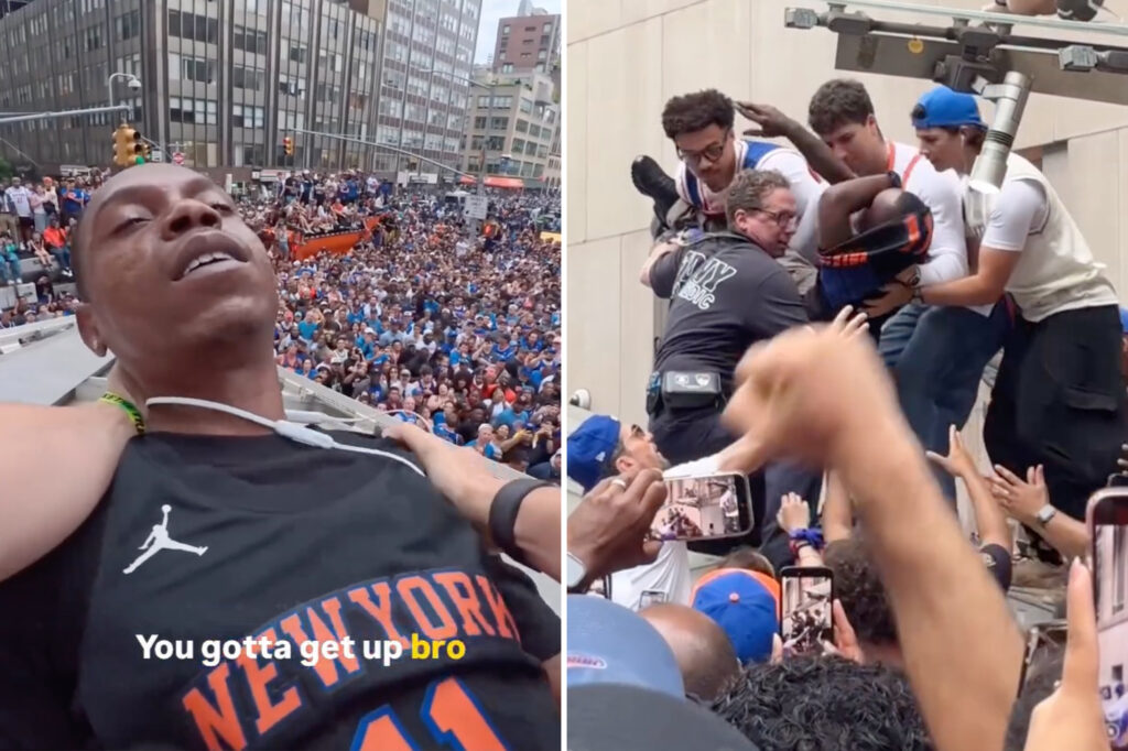 Chaotic moment Knicks fans climb structure to save reveler from apparent overdose during championship parade