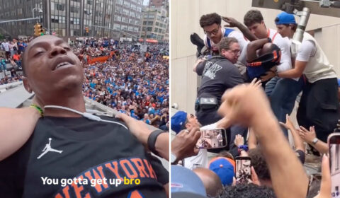 Chaotic moment Knicks fans climb structure to save reveler from apparent overdose during championship parade