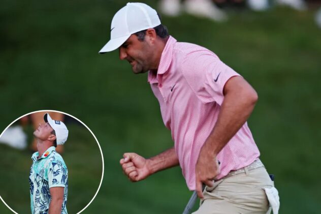 Scottie Scheffler sinks clutch putt to clinch Monday playoff with Viktor Hovland at stormy Travelers