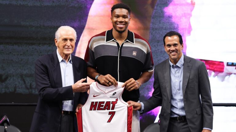 Pat Riley hints at Heat's LeBron James pursuit while Miami introduces Giannis Antetokounmpo