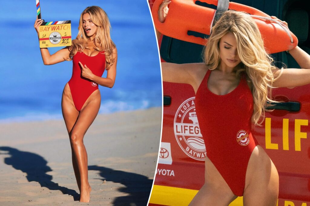 Brooks Nader sizzles in iconic red swimsuit as she shares behind the scenes snaps from ‘Baywatch’ reboot set
