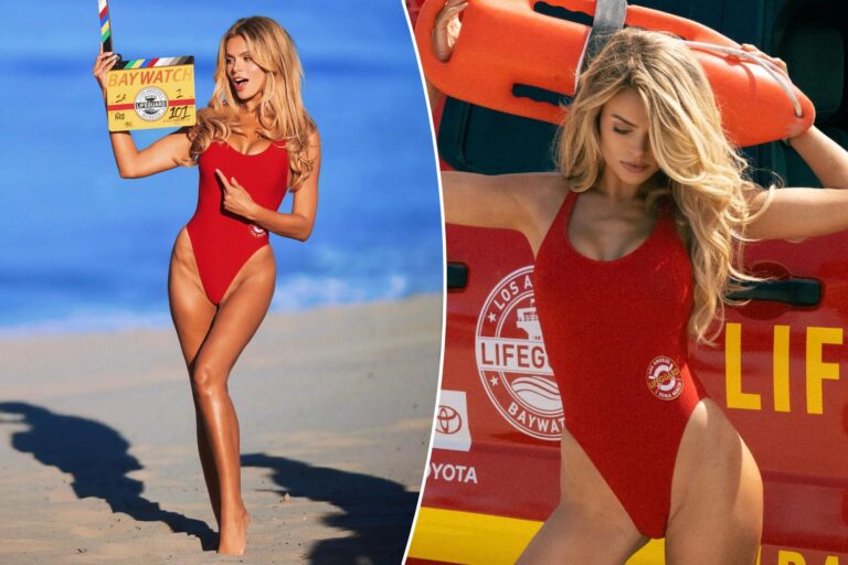 Brooks Nader sizzles in iconic red swimsuit as she shares behind the scenes snaps from ‘Baywatch’ reboot set
