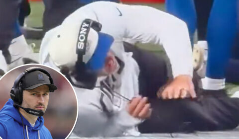 Colts coach gets knocked down by own player in painful sideline moment