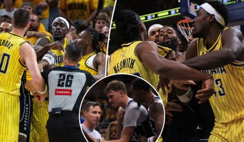Pacers, Mavericks get into heated scuffle as Cooper Flagg injures shoulder after flagrant foul