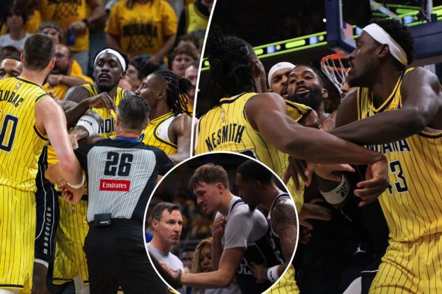 Pacers, Mavericks get into heated scuffle as Cooper Flagg injures shoulder after flagrant foul