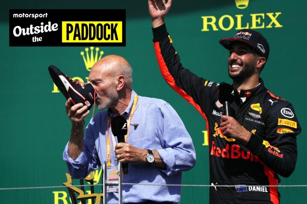 Remembering Sir Patrick Stewart's unforgettable moment on the F1 podium with Daniel Ricciardo